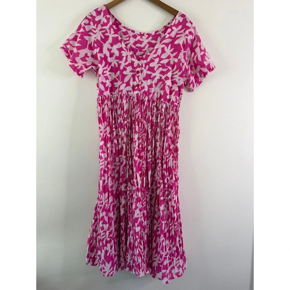 VTG Naqui Pink Floral Pleated Midi Dress O/S Boho Cottagecore Button Back - Picture 2 of 8